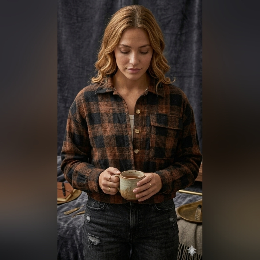 Plaid Button-Front Flannel Shirt Jacket - Brown/Black